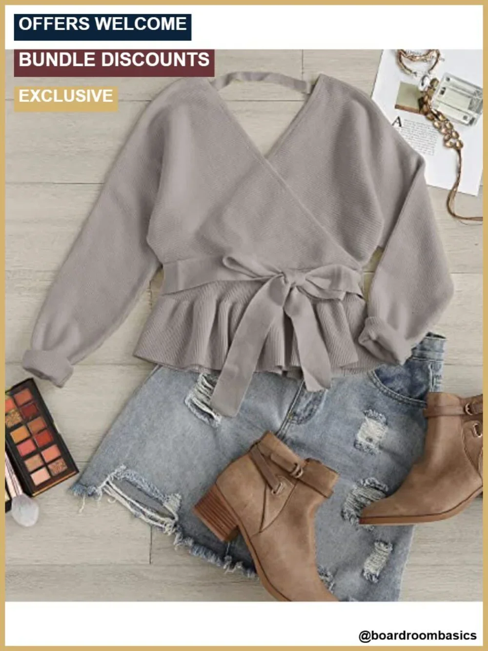 Women's Wrap V Neck Ruffle Hem Batwing Sleeve Knit Sweater with Belt